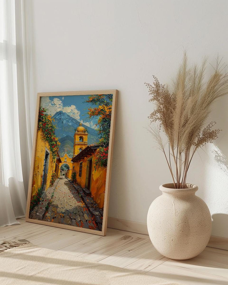 Antigua Spring Poster, Yellow Arch Decor - Volcano Landscape