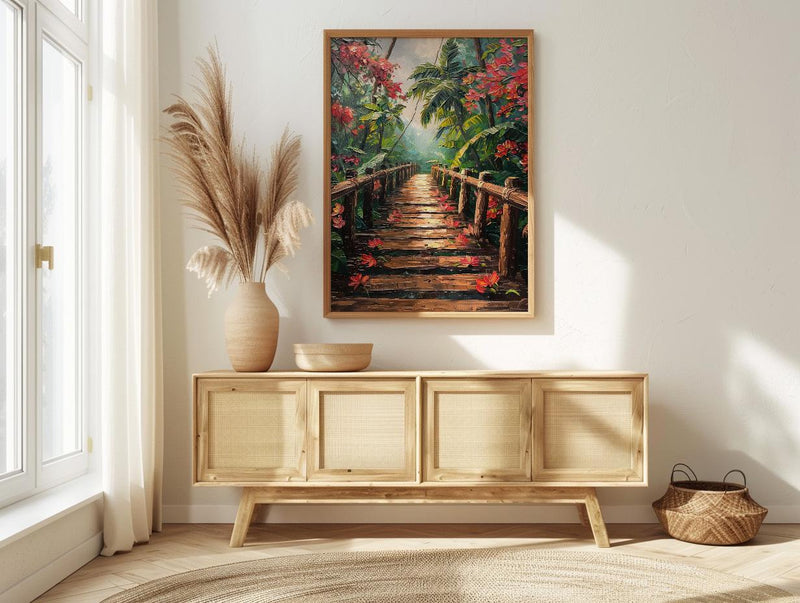 Costa Rica Jungle Poster, Red Heliconia Decor - Bridge Landscape