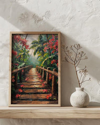 Costa Rica Jungle Poster, Red Heliconia Decor - Bridge Landscape