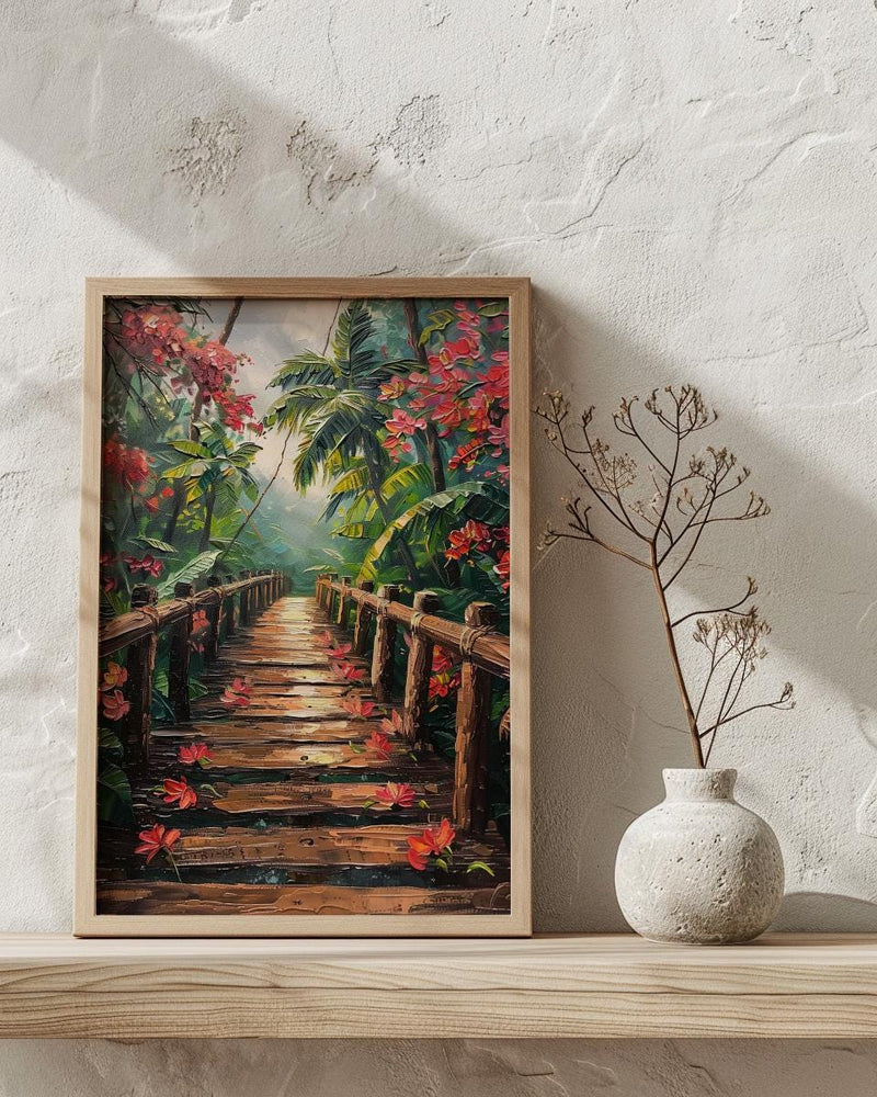 Costa Rica Jungle Poster, Red Heliconia Decor - Bridge Landscape