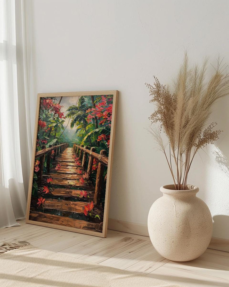Costa Rica Jungle Poster, Red Heliconia Decor - Bridge Landscape