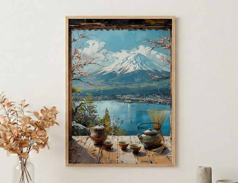 Japan Window Art Print, Mount Fuji Wall Decor - Matcha Tea Zen Landscape