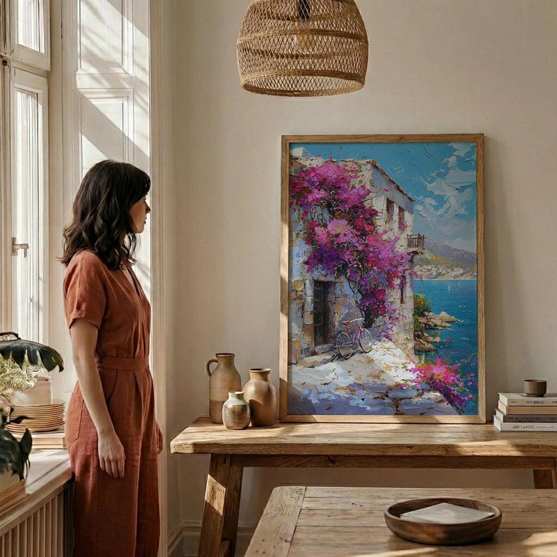 Byblos Coastal Poster, Ancient Harbor Decor - Purple Floral Art