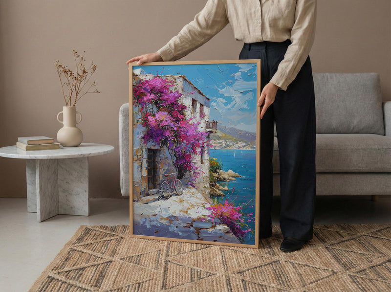 Byblos Coastal Poster, Ancient Harbor Decor - Purple Floral Art