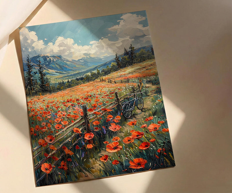 Iraqi Mountain Art Print, Red Poppy Decor - Green Hills Landscape