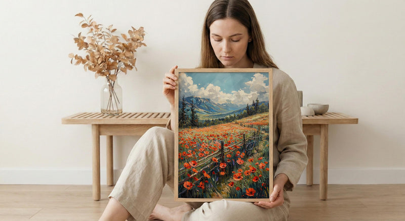 Iraqi Mountain Art Print, Red Poppy Decor - Green Hills Landscape