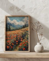 Iraqi Mountain Art Print, Red Poppy Decor - Green Hills Landscape