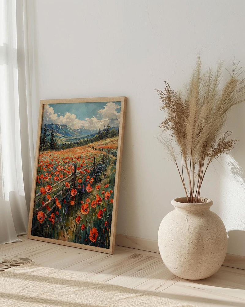 Iraqi Mountain Art Print, Red Poppy Decor - Green Hills Landscape