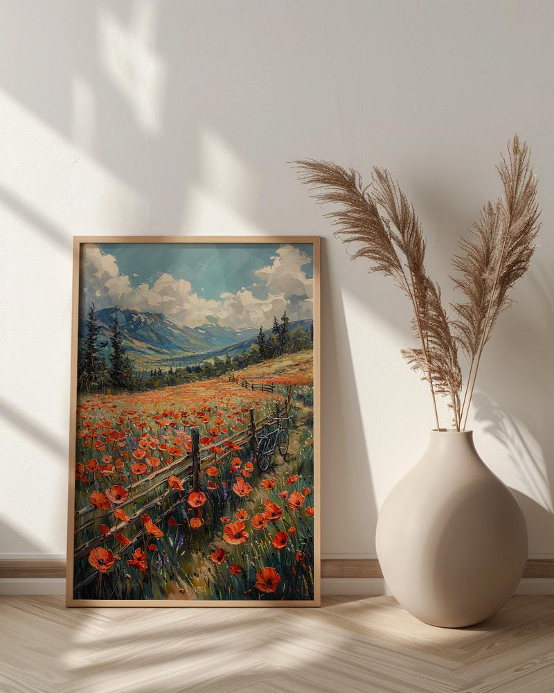 Iraqi Mountain Art Print, Red Poppy Decor - Green Hills Landscape