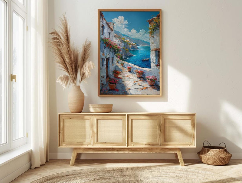 Muscat Coastal Art Print, Red Geranium - Wooden Boat Landscape