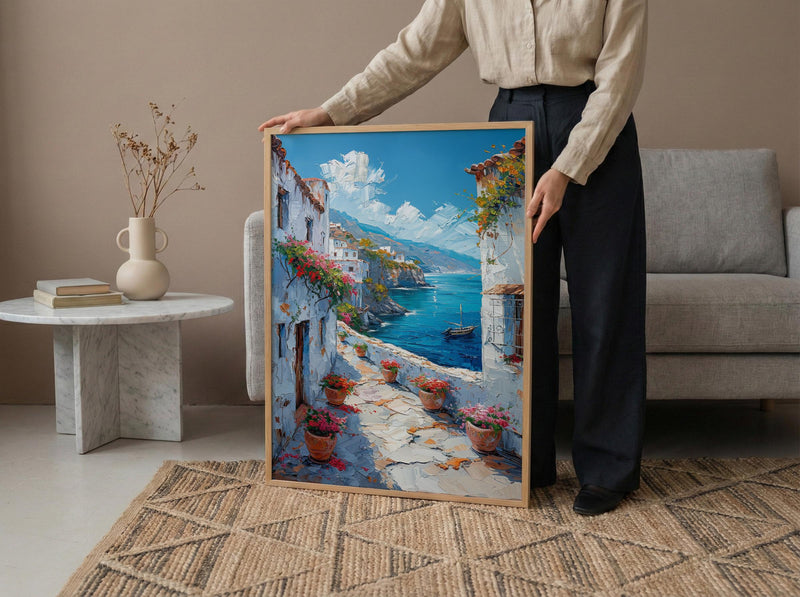 Muscat Coastal Art Print, Red Geranium - Wooden Boat Landscape