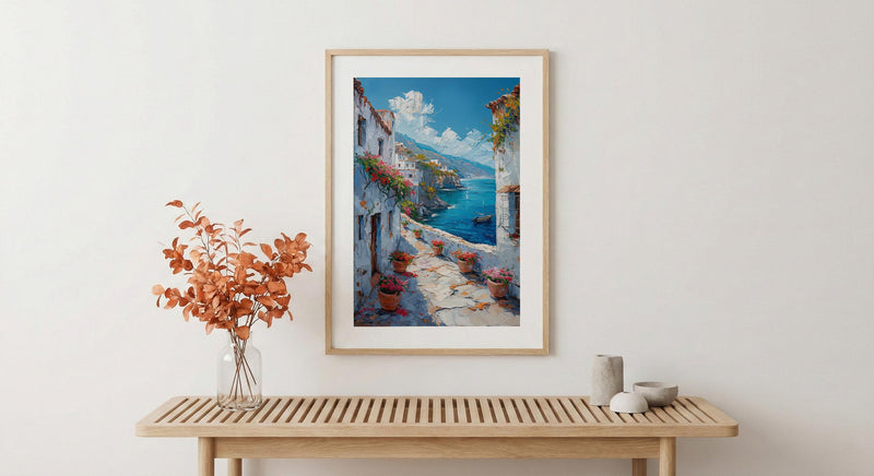 Muscat Coastal Art Print, Red Geranium - Wooden Boat Landscape