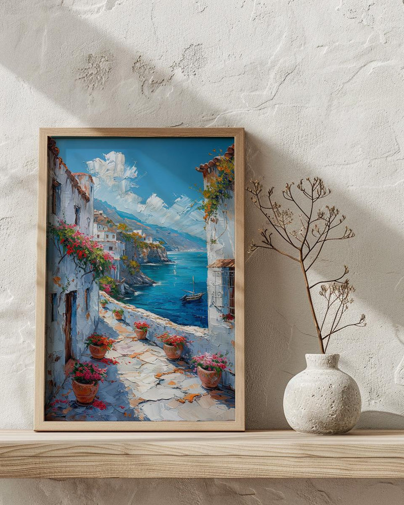 Muscat Coastal Art Print, Red Geranium - Wooden Boat Landscape