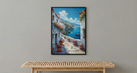 Muscat Coastal Art Print, Red Geranium - Wooden Boat Landscape