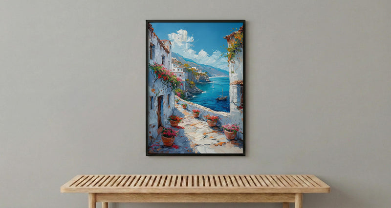 Muscat Coastal Art Print, Red Geranium - Wooden Boat Landscape