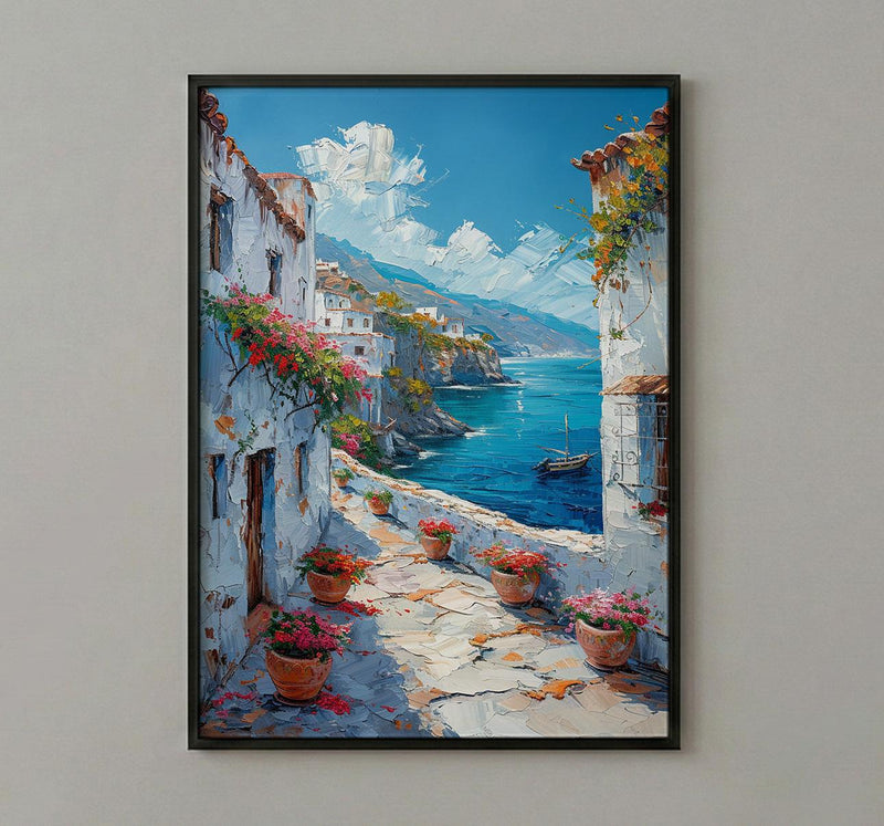 Muscat Coastal Art Print, Red Geranium - Wooden Boat Landscape