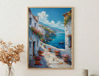 Muscat Coastal Art Print, Red Geranium - Wooden Boat Landscape