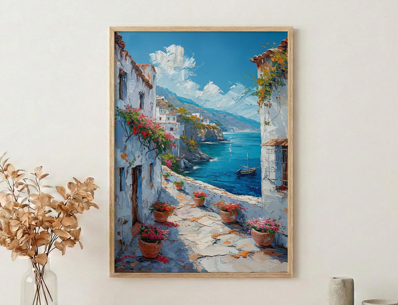 Muscat Coastal Art Print, Red Geranium - Wooden Boat Landscape