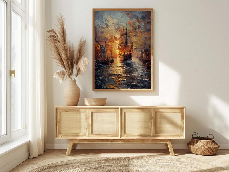Boston Harbor Art Print, Colonial Ship Decor - Historic Americana Landscape