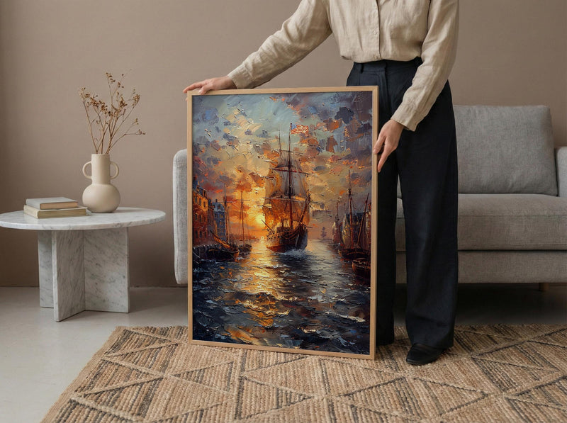 Boston Harbor Art Print, Colonial Ship Decor - Historic Americana Landscape