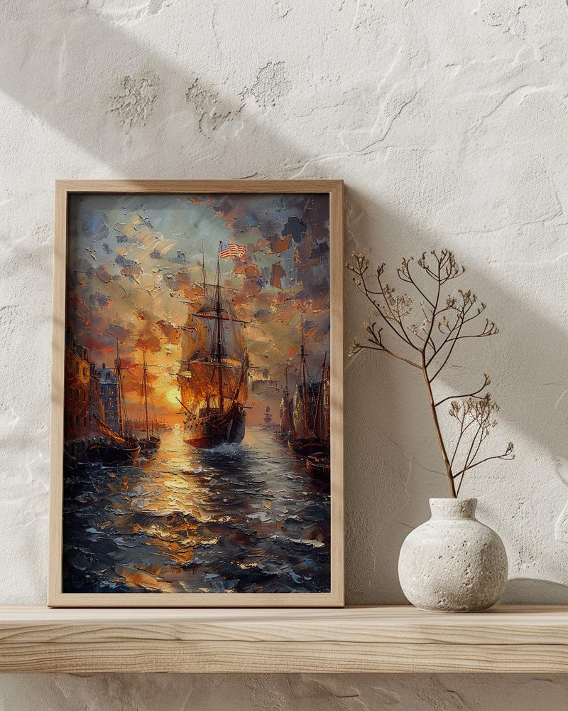 Boston Harbor Art Print, Colonial Ship Decor - Historic Americana Landscape
