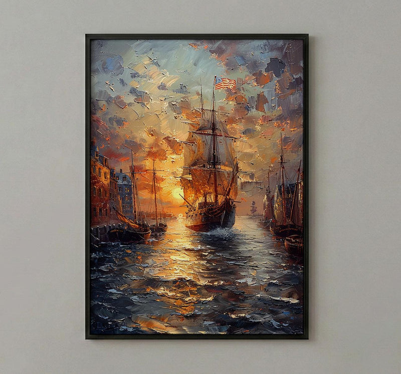 Boston Harbor Art Print, Colonial Ship Decor - Historic Americana Landscape