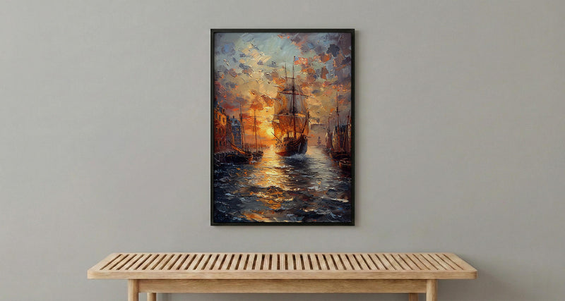 Boston Harbor Art Print, Colonial Ship Decor - Historic Americana Landscape