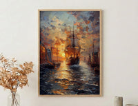Boston Harbor Art Print, Colonial Ship Decor - Historic Americana Landscape