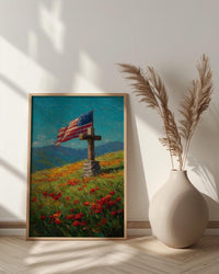 Veteran Memorial Wall Art, Old Wooden Cross Print - Rustic Patriotic Decor