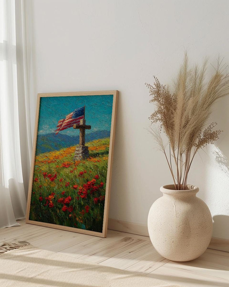 Veteran Memorial Wall Art, Old Wooden Cross Print - Rustic Patriotic Decor