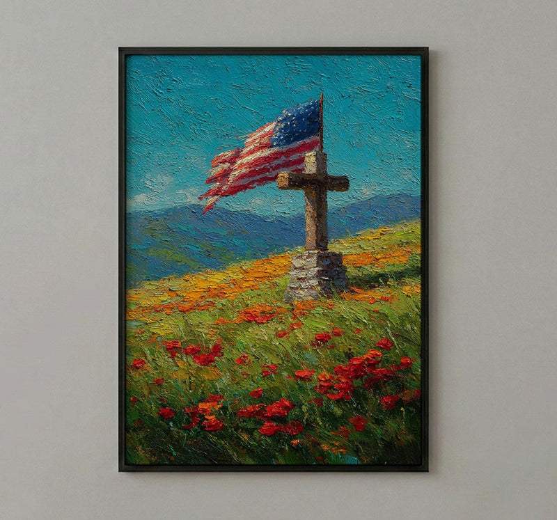 Veteran Memorial Wall Art, Old Wooden Cross Print - Rustic Patriotic Decor
