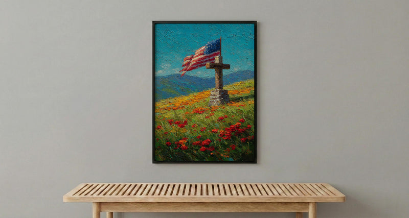 Veteran Memorial Wall Art, Old Wooden Cross Print - Rustic Patriotic Decor