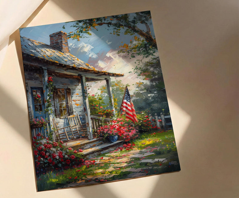 Americana Porch Wall Art, Vintage American Flag Decor - Nostalgic Country Print