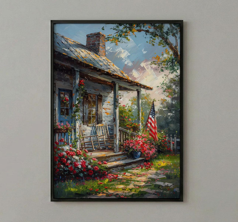 Americana Porch Wall Art, Vintage American Flag Decor - Nostalgic Country Print