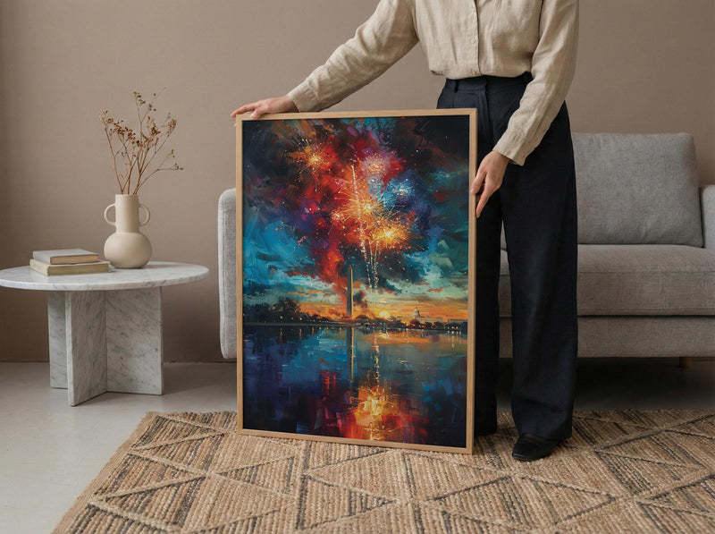 Washington Monument Poster, 4th of July Fireworks Decor - Patriotic City Art