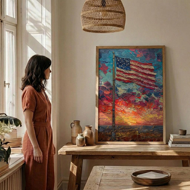 Historic American Flag Art Print, Rustic Fort Decor - Patriotic Twilight Poster