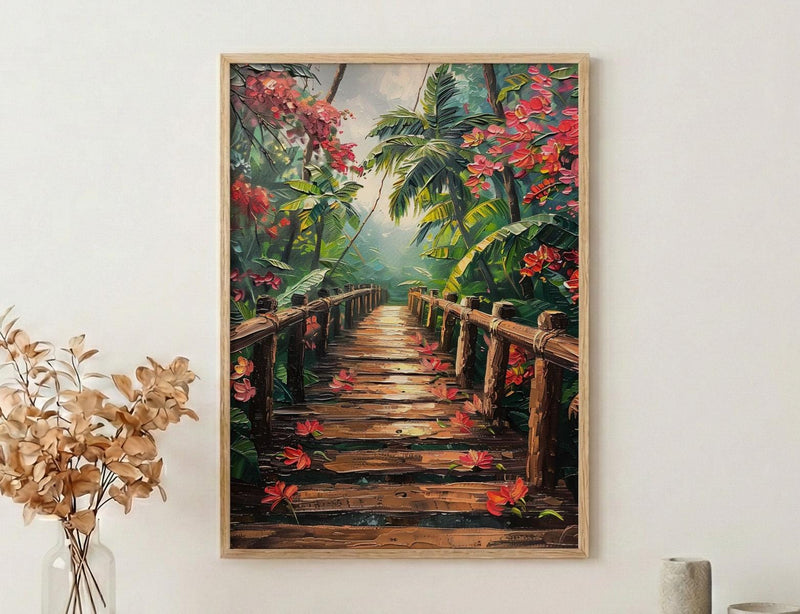 Costa Rica Jungle Poster, Red Heliconia Decor - Bridge Landscape