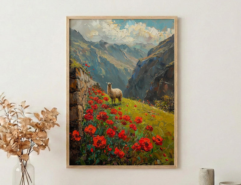 Peru Andean Wall Art, Inca Stone Decor - Red Floral Landscape