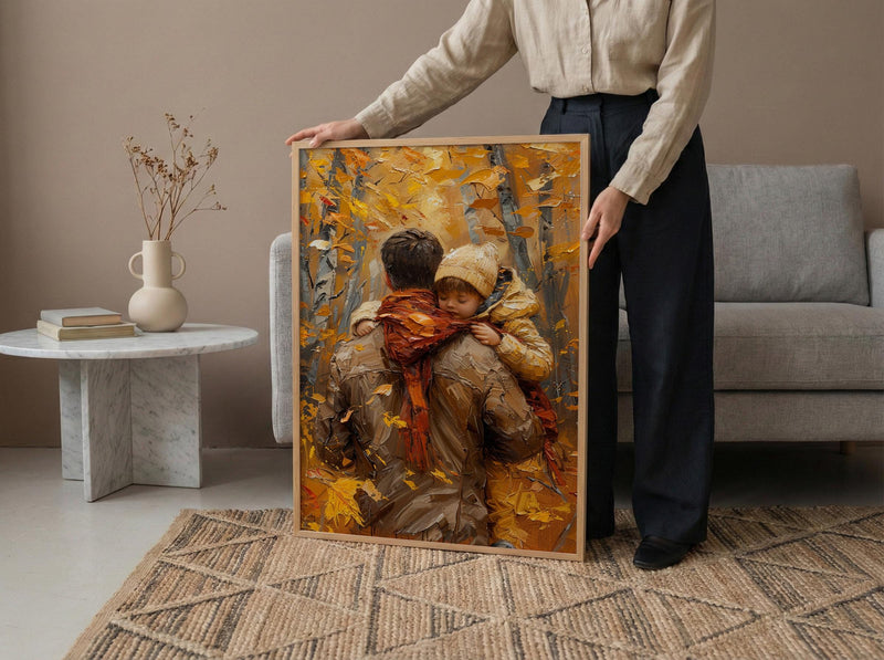 Father Carrying Child Poster, Autumn Park Decor - Peaceful Family Art