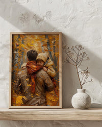 Father Carrying Child Poster, Autumn Park Decor - Peaceful Family Art