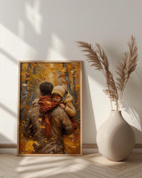 Father Carrying Child Poster, Autumn Park Decor - Peaceful Family Art