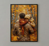 Father Carrying Child Poster, Autumn Park Decor - Peaceful Family Art
