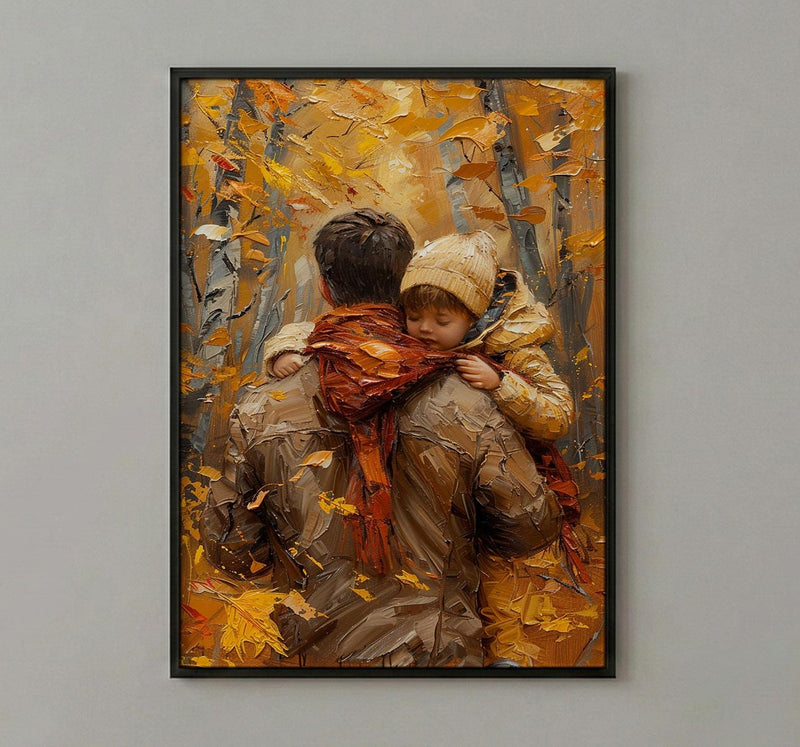 Father Carrying Child Poster, Autumn Park Decor - Peaceful Family Art