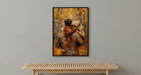 Father Carrying Child Poster, Autumn Park Decor - Peaceful Family Art