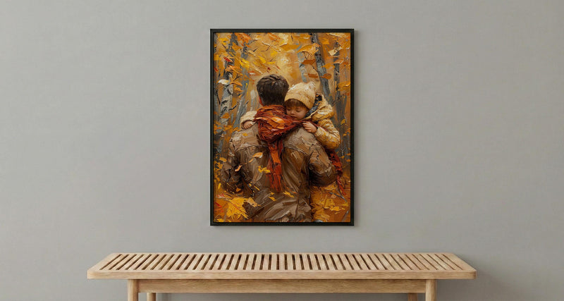 Father Carrying Child Poster, Autumn Park Decor - Peaceful Family Art