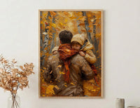 Father Carrying Child Poster, Autumn Park Decor - Peaceful Family Art