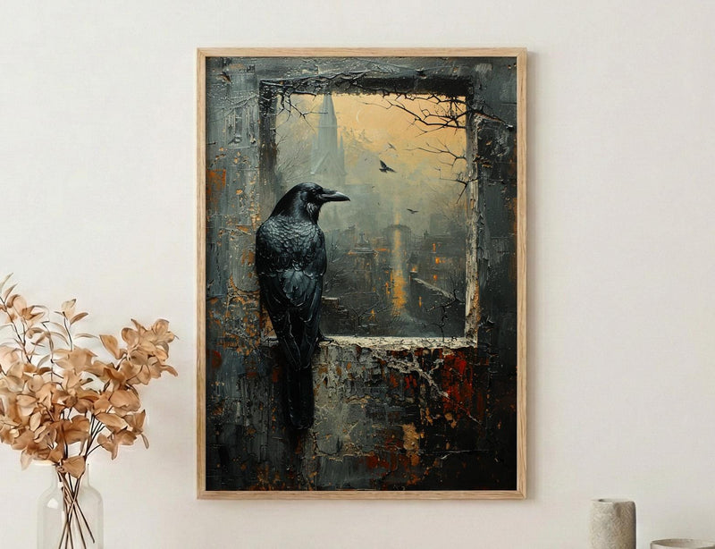Gothic Window Wall Art, Graveyard Decor - Black Raven Foggy Landscape