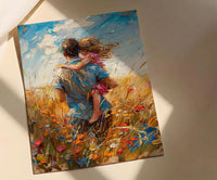 Father Piggyback Ride Art Print, Summer Field Decor - Joyful Family Poster