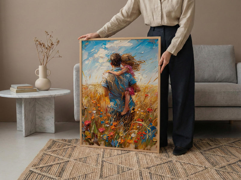 Father Piggyback Ride Art Print, Summer Field Decor - Joyful Family Poster