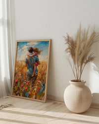 Father Piggyback Ride Art Print, Summer Field Decor - Joyful Family Poster